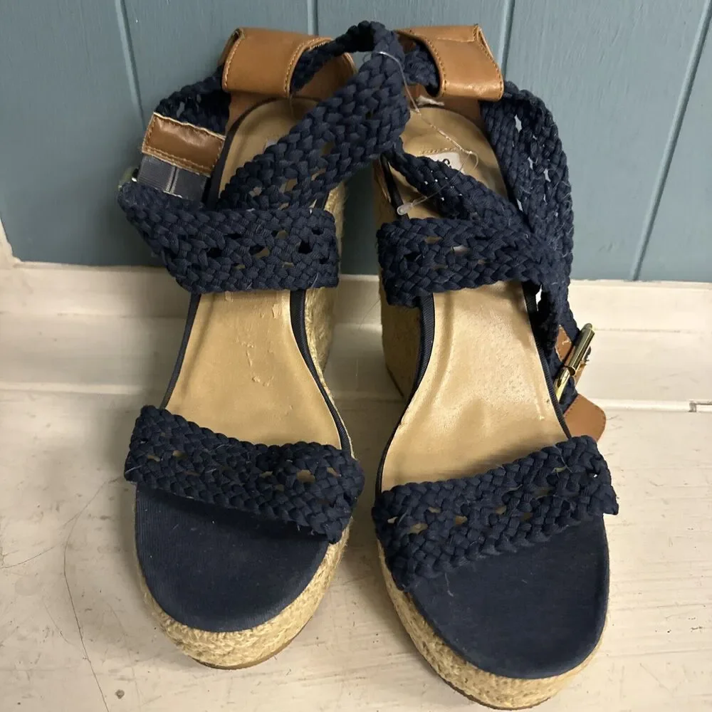 Steve Madden Navy Blue Knit High Heel‎ Wedge Espadrilles Women's Size 9.5